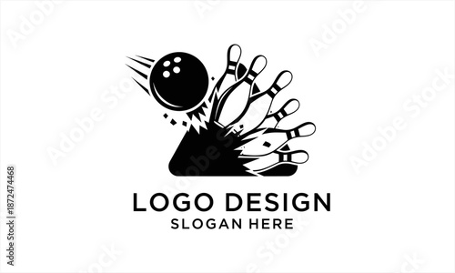Dynamic Bowling Ball Striking Pins Logo Design.