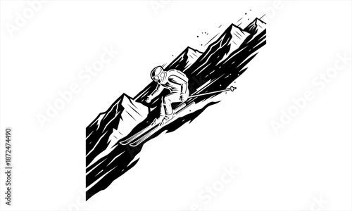 Dynamic black and white illustration of a skier descending a steep mountain slope with speed.