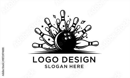 Dynamic Bowling Ball Striking Pins Logo Design.