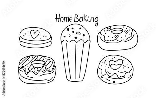 Home baking. Pastries, confectionery, sweets. Cupcakes, donuts, cookies. Handwritten lettering. Dessert with a heart. Set of linear icons, drawing, doodle. Homemade food.
