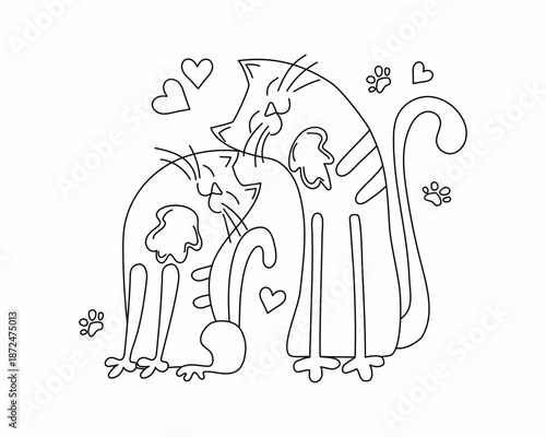 Cats with hearts. Hand-drawn cute pets. Drawing, line icons, doodles. Valentine's Day card design. A couple of animals in love. Vector illustration.