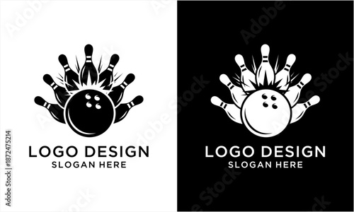 Dynamic Bowling Logo Design with Ball and Pins in Striking Impact.