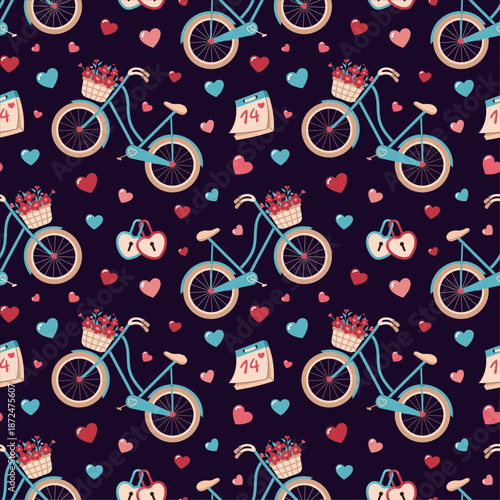Seamless Valentines Day pattern with bicycles, flower baskets, hearts, love locks and calendar on dark background. Romantic flat vector illustration for textile, packaging, wallpaper, greeting cards 
