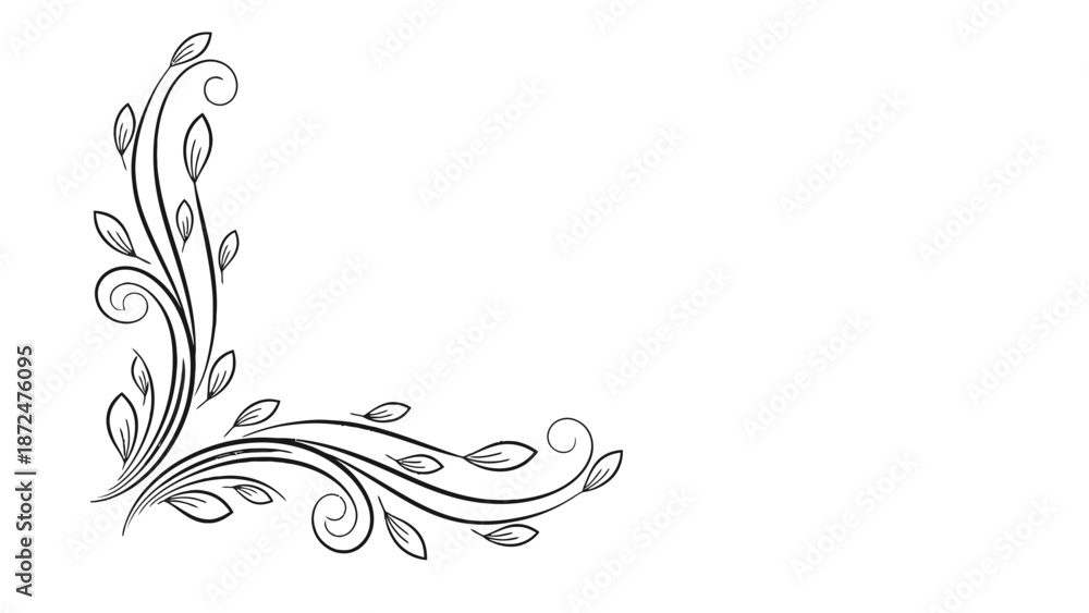 Fototapeta premium Graceful Simple Leafy Floral Scroll Corner Ornament in Black on Isolated White Background