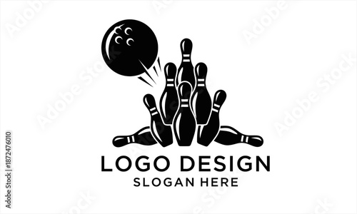 Dynamic Bowling Strike Logo Design with Ball and Pins.