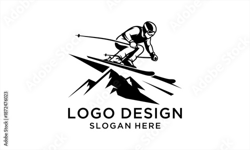 Dynamic Skier Descending Mountain Slope in Monochrome Logo Design.