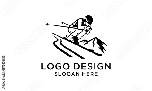 Dynamic Skier Descending Mountain Slope in Vintage Hand-Drawn Style.