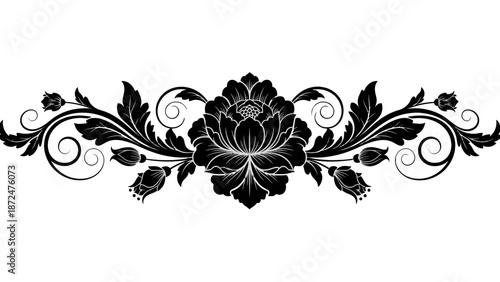 Luxurious Intricate Black Silhouette Floral Border with Large Flower and Elegant Scrollwork, Decorative Design on Isolated White Background