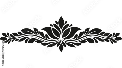 Serene Elegant Stylized Black Silhouette Lotus Flower Border, Ornate Decorative Element on Isolated White Background