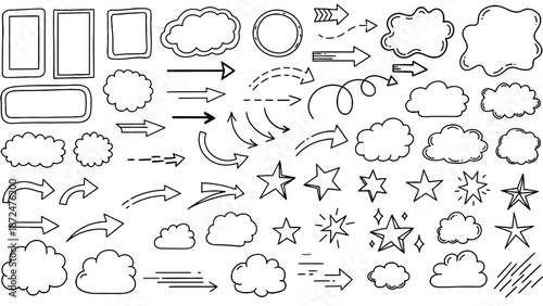 Collection of Hand Drawn Arrows, Clouds, Stars, and Frames in Black and White.