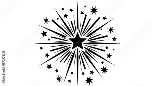 Black star explosion with radiating lines and surrounding stars.