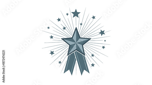 Blue star emblem with ribbon and surrounding stars on white background.