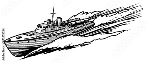 retro woodcut illustration of a military torpedo boat speeding through waves in the ocean