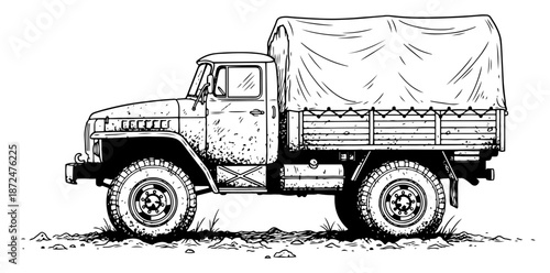 vintage woodcut illustration of a military cargo truck with canvas cover