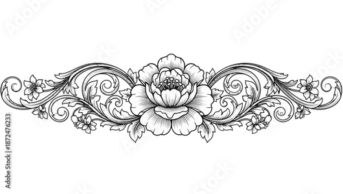 Intricate black and white floral design with swirling patterns and leaves.