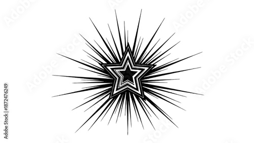 Black star icon with radial lines on white background.