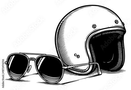 retro motorcycle helmet and aviator sunglasses woodcut illustration