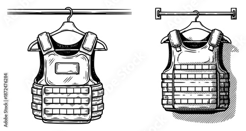 sketch illustration of tactical military body armor hanging on a rack