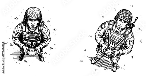 overhead view of military soldiers operating drone controllers in woodcut style