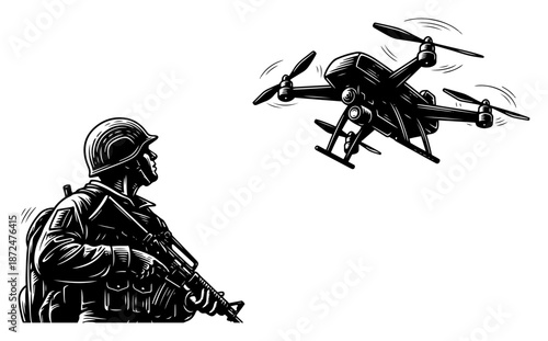 soldier with rifle looking up at a flying military drone sketch