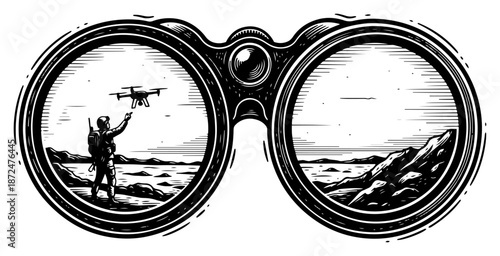 binocular view of a soldier pointing at a surveillance drone in the distance