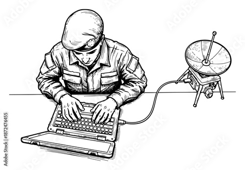 military soldier using a laptop computer connected to a satellite dish