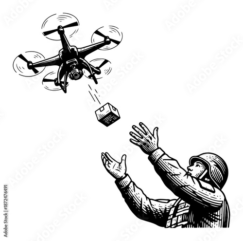 military soldier catching a supply package dropping from a flying drone