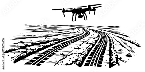 military drone flying over tire tracks on a dirt road in woodcut style