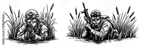 Special forces soldiers with rifles wading through swamp water and reeds