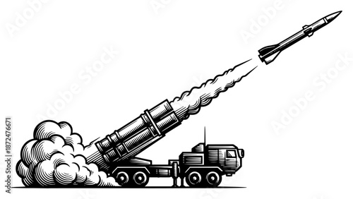 retro woodcut illustration of a military truck launching a missile rocket with smoke