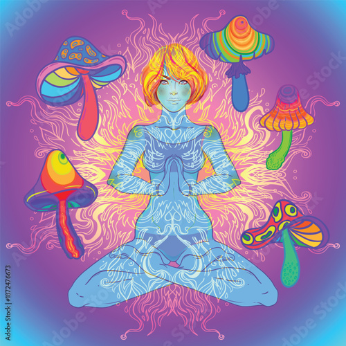Vector illustration of a woman with mushrooms in a New Age psychedelic style. Concept of psilocybin, consciousness expansion, yoga, spirituality, and hippie culture with symbolic, colorful details.