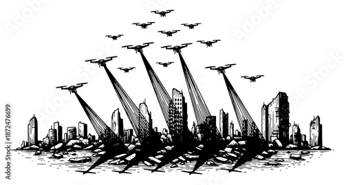 Swarm of military drones scanning a destroyed city with searchlights