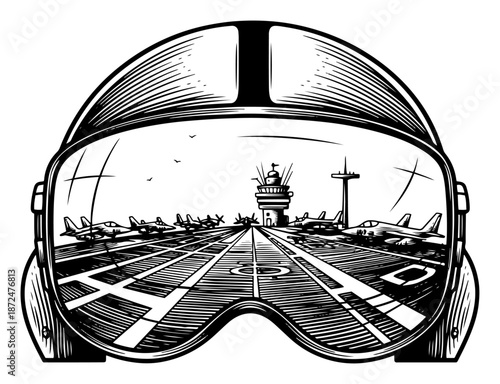 close up of a pilot helmet visor reflecting an aircraft carrier flight deck