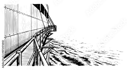 Perspective view from ship side railing looking at ocean waves