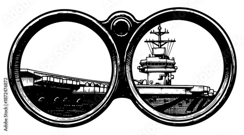 binocular view of a huge military aircraft carrier ship superstructure in vintage woodcut style
