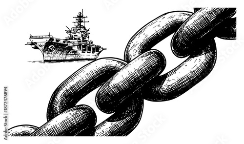 Large metal anchor chain links with military ship in background