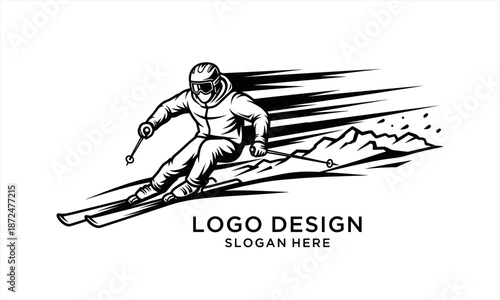 Dynamic Skier in Action on Snowy Mountain Slope.