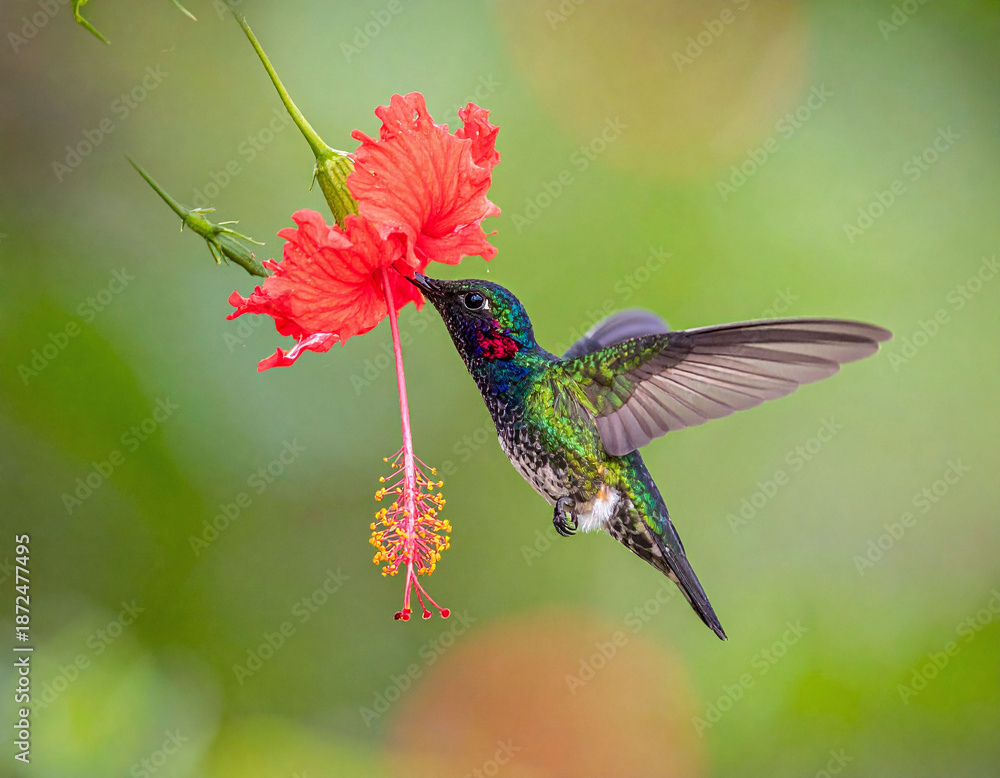 Naklejka premium Stunning macro of a colorful hummingbird hovering near a red hibiscus. This vibrant image showcases the beauty of nature’s delicate balance, perfect for wildlife and ecothemed designs.