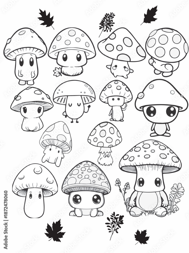 Fototapeta premium Cute kawaii mushrooms line art coloring book illustration