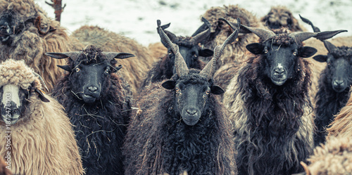 Hungarian Racka sheep with twisted horns on traditional farm