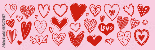 Trendy hand drawn heart doodle set. Romantic love symbols for Valentine’s Day, wedding invitations, greeting cards, prints, stickers and modern decorative design.