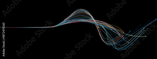 Abstract Vector Flowing Wavy Lines in Blue with Warm Orange-Yellow Accents on Black Background, Modern Technology and Digital Concept