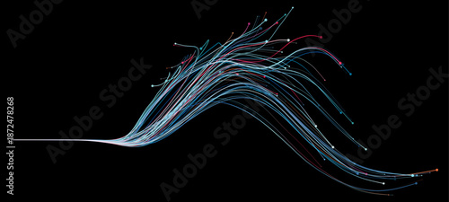 Abstract Vector Flowing Wavy Light Lines in Blue with Pink Accents on Black Background, AI and Digital Technology Concept