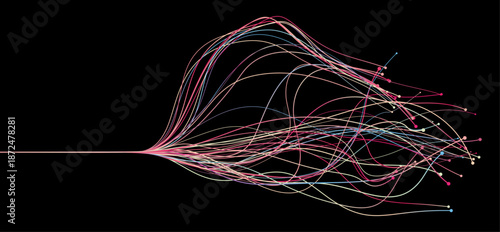Abstract Vector Wavy Flowing Light Lines in Yellow-Pink-Blue on Black Background, AI and Digital Technology Concept
