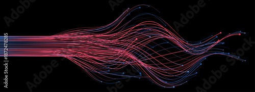 Abstract Vector Wavy Flowing Light Lines in Blue-Pink on Black Background, AI and Digital Technology Concept