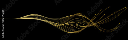 Abstract Vector Wavy Flowing Light Lines in Golden on Black Background, AI and Digital Technology Concept