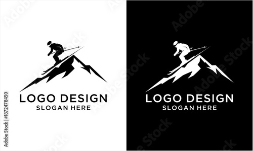 Dynamic Skiing Adventure Logo Design on Mountain Peak.
