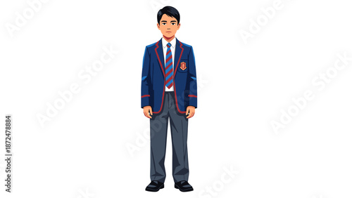 Young male student in school uniform standing against a white background