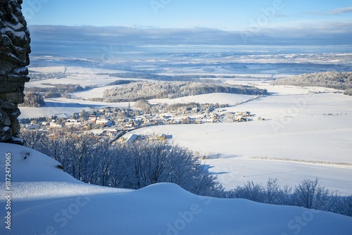Stary Jicin castle ruins viewpoint. View of the winter landscape. Czech Republic