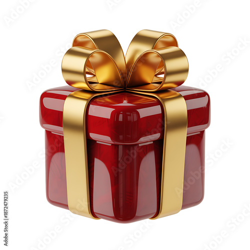 3D Realistic Red Gift Box with Glossy Golden Ribbon for Celebration Surprise Isolated
